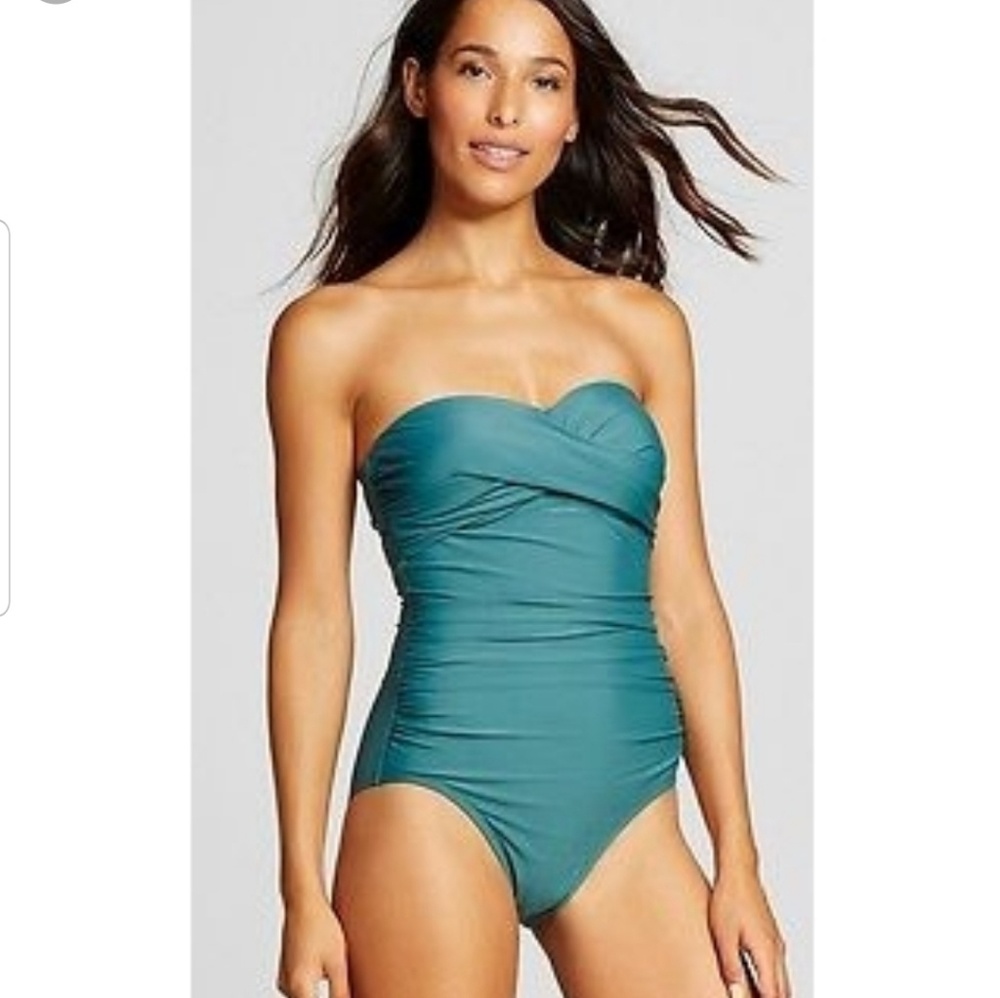 Merona Teal schirred bandeau swim suit swimsuit
